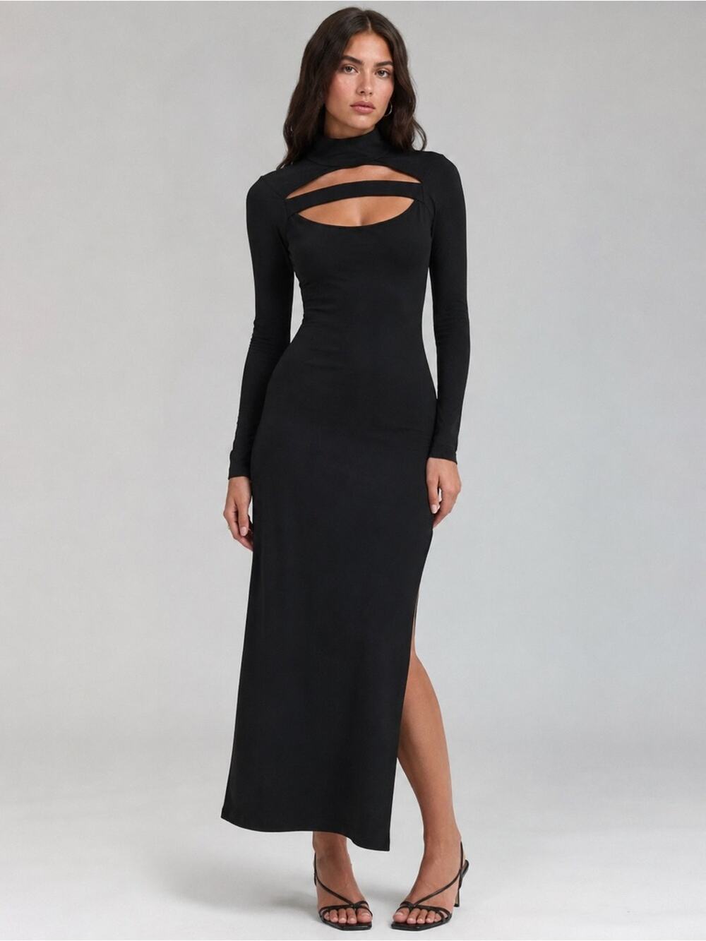 LPA Black Cutout Long Sleeve Bodycon Maxi Dress Mock Neck Small